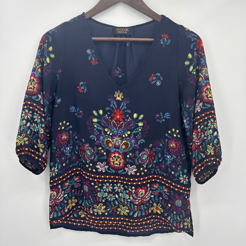 Renee C Blouse Top Womens XS Navy Blue Floral Medallion 3/4 Sleeve Preppy V-Neck